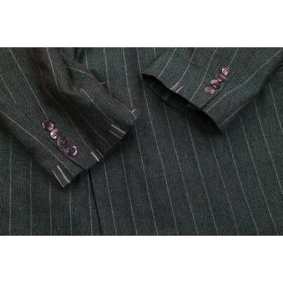 Vtg 70s 80s Mens 44L 2 Piece Wool Striped Double Breasted Suit Green 34x32 USA - Picture 6 of 16